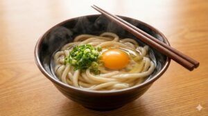 湯気が立つシンプルな月見うどんのアップ