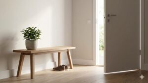 光が差し込む、シンプルで整った家の玄関