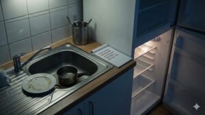 夕暮れ時の少し疲れた雰囲気の一人暮らしキッチン。シンクには汚れた食器と小鍋があり、空の冷蔵庫と献立が書かれたメモが見える。