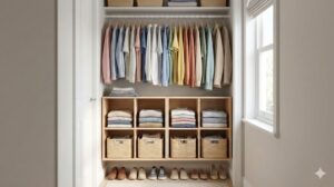 色別に整理整頓され、収納ボックスを活用した小さなクローゼットの様子