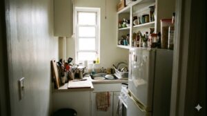 一人暮らしの狭いキッチンで物が溢れ、動線が悪い様子