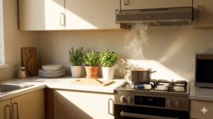 一人暮らしのキッチンで、鍋から湯気が上がり、太陽光が差し込む、無理のない快適なレイアウトの様子