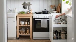 一人暮らしのキッチンで、ワゴンや引き出し収納を活用し、調理と片付けの流れがスムーズな動きやすいレイアウトの例