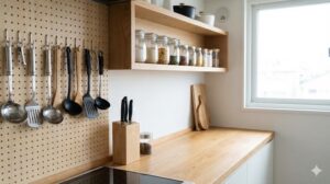 一人暮らしのキッチンで、よく使う調理器具が有孔ボードに掛けられ、調味料が手の届く棚に整理されている、使いやすいレイアウトの例