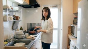 狭いキッチンで困った表情で料理をする一人暮らしの女性
