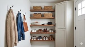 壁面収納や棚を活用して靴や小物を賢く整理した狭い玄関の様子