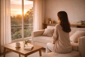 夕暮れの部屋で静かに座る一人暮らしの穏やかな時間