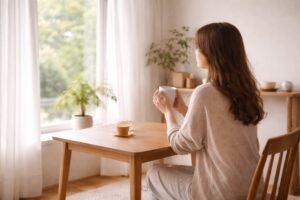窓辺で温かい飲み物を手に静かに過ごす一人時間