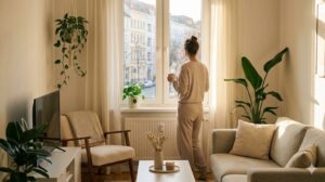 一人暮らしの部屋で、窓の外を眺めながら温かい飲み物を楽しむ女性の穏やかな朝の様子