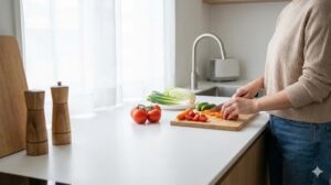 広い作業スペースで快適に野菜を切る女性の手元