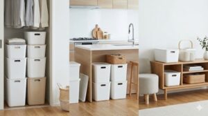 クローゼット、キッチン、リビングでスタッキングされたシンプルな白い収納ボックスが汎用的に使われている様子