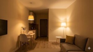 照明でリビングとダイニングのエリアを分けた、おしゃれなワンルームの部屋