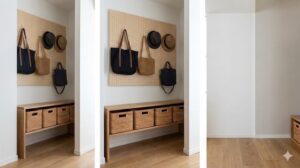 ワンルームの壁面を有孔ボードで活用し、バッグや帽子を掛けて魅せる収納にした実例