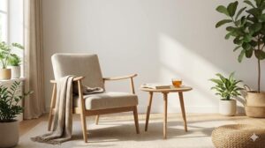 整理整頓が習慣化された、穏やかで心地よいリビングの一角。アームチェア、サイドテーブル、観葉植物があり、リラックスした雰囲気。