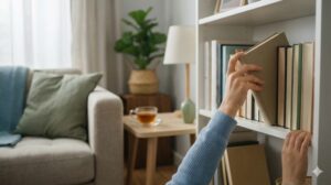 無理なく片付けを続けるライフスタイル、リラックスした部屋で本を棚に戻す様子