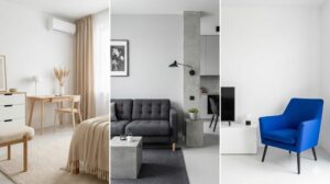 ナチュラル、グレー、差し色を使った3種類の一人暮らし向け配色パターンの比較