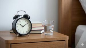 目覚まし時計と本が置かれた整ったベッドサイドテーブル