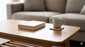すっきりと片付けられたローテーブルの上に置かれた本とマグカップ
