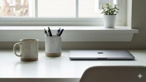 魅せる収納を保つために使い終わった物を定位置に戻した、整頓されたデスクの様子