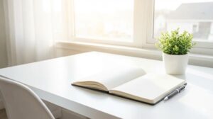 朝日が差し込む窓辺のきれいに整頓されたデスクと開かれたノート