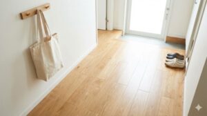 壁のフックにバッグが掛けられ、床がすっきりとしている玄関