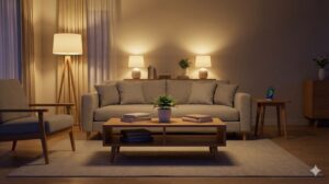 間接照明で落ち着いた雰囲気の片付いたリビングルーム。スマートフォンは離れた場所で充電されており、集中できる環境が整っている様子。