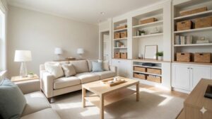 自然光が差し込む、整理整頓された心地よいリビングルームの全景。ソファ、コーヒーテーブル、造作棚がすっきりと配置されている。