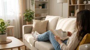 整ったリビングルームのソファで、コーヒーを片手にリラックスして読書を楽しむ女性の後ろ姿。