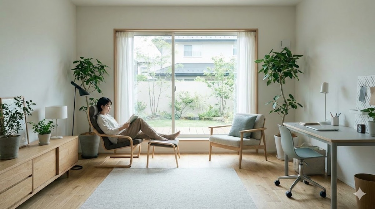 視界が整った心地よいリビングルームで読書をしてリラックスする女性の様子。整理整頓と自然光が特徴。