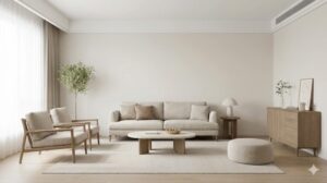 自然光が差し込む、整理整頓されたミニマルで心地よいリビングルームの全体像。