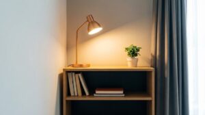 木製の棚の上に置かれたデスクライト、観葉植物、本で整えられた心地よい部屋の一角