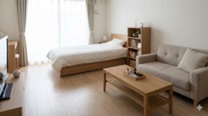 家具の前面ラインが揃い、床が広く見え、動線が確保されたワンルーム。ローテーブルの上には小物がトレーにまとめられている。