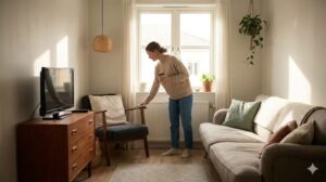 朝の光の中でリラックスしながら部屋を整える女性