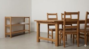 シンプルで飽きのこないデザインの、高品質な無垢材ダイニングテーブルセットと木製シェルフ