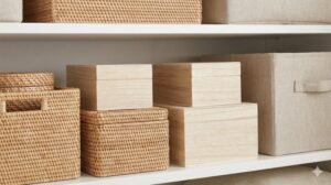 魅せる収納のために素材と色調を統一したラタンバスケットや木製ボックスのクローズアップ