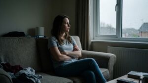 雨の日に薄暗いリビングのソファで、腕を組み落ち着かない様子で外を見つめる女性。家時間を持て余している雰囲気。