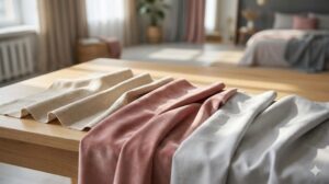 木製のテーブルに並べられた、リネンやベルベットなど異なる素材と色のカーテン生地サンプル