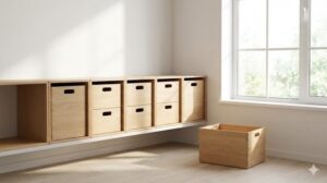 明るいリビングの棚に整然と並ぶ木製収納ボックスと、床に置かれた同じデザインのボックス