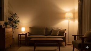 夜のリビングルームを温かく照らす間接照明とフロアランプ