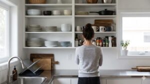 整然と食器が並ぶオープンシェルフの前で、収納について思案する女性の後ろ姿