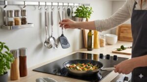 調理がスムーズになるワンアクション収納。女性がコンロ横の壁掛けフックから調理器具を取り出す様子。