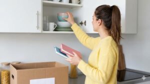 キッチン棚の中身を見直し、不要なものを段ボールに整理して断捨離する女性