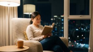 都会の夜景が見える窓辺のアームチェアに座り、リラックスした様子で読書を楽しんでいる女性。充実した夜の自分時間。