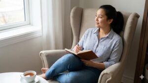 リラックスしてノートに自分ルールを書き留める女性