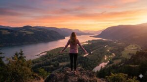 夕暮れ時の広大な景色を眺め、心の開放感を感じる女性