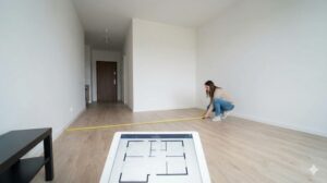 一人暮らしの家具選びで失敗しないため、空き部屋でメジャーを使って床の寸法を測り、タブレットの間取り図を見ながら配置を計画している女性