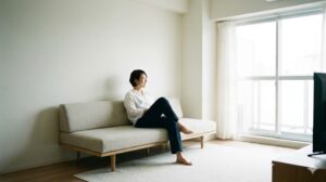 すっきりと片付いた明るいリビングでくつろぐ女性