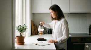 朝のキッチンで丁寧にコーヒーを淹れる女性とノート