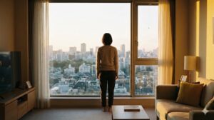 夕暮れ時の窓辺で穏やかな街並みを眺める女性の後ろ姿