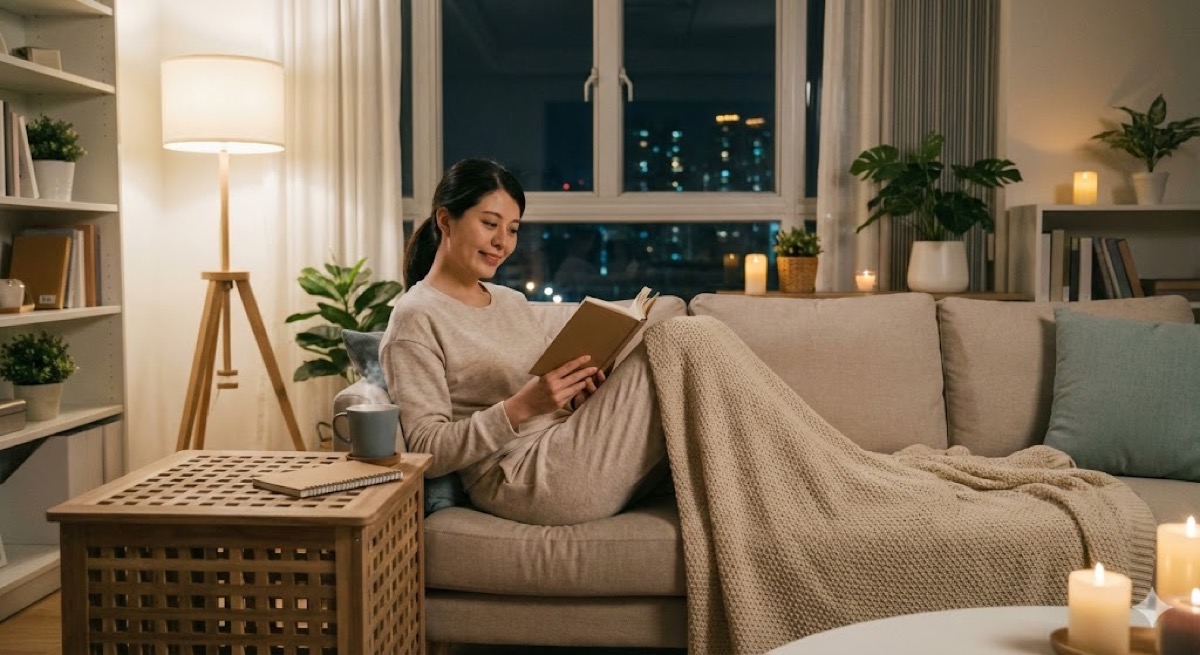 夜のリビングで間接照明のもと、ソファでリラックスして読書を楽しむ女性。夜の家時間を整えるイメージ画像。